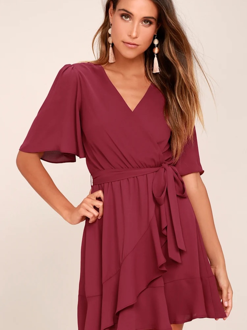 Lulu's Wine Wrap Mini Dress with Tie Waist